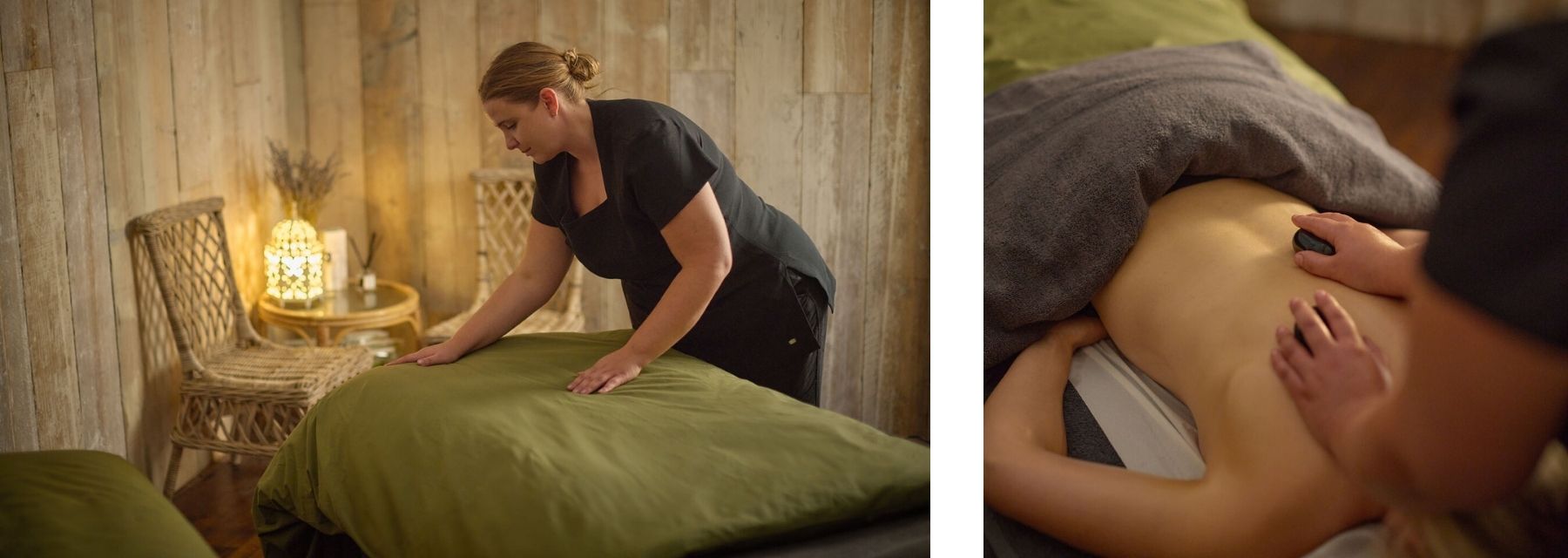 Beauty therapist preparing bed for massage